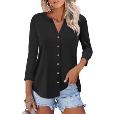 Imagem de Camiseta feminina ORANDESIGNE, manga 3/4, decote em V, com botões, pre