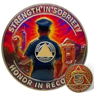 Imagem de Leafence Police AA Sobriety Coin Strength in Sobriety Recovery Token Alcoólicos Anônimos Moedas AA e Medalhões Sober Chip One Day at a Time Presentes de Sobriedade (Moeda Sóbria da Polícia, 0 Ano em
