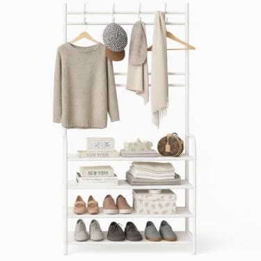 Imagem de Sapateira Organizador com Cabideiro de Chão e 4 Prateleiras | Arara Multiuso Vertical para Roupas, Bolsas e Sapatos (Branco)