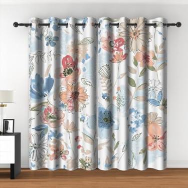 Imagem de Cortinas blackout florais em aquarela para Gilrs decoração de casa rústicas vintage planta de flores coloridas arte colorida cortinas de tratamento de janela para sala de estar quarto cozinha 132 x