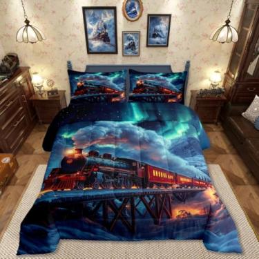 Imagem de Conjunto de cama king com trem vintage, motor a vapor, galáxia, estrelado, veículos ferroviários, locomotiva, luzes polares, transporte, montanha, árvore, enchimento
