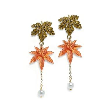 Imagem de Brincos de outono para mulheres, brincos de folha de bordo, pérola e folha de bordo, brincos de outono, joias de férias, presentes de outono de Ação de Graças, Zinco, Sem pedra preciosa