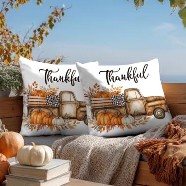 Imagem de HOMETITUTE Capas de travesseiro de 45,7 x 45,7 cm Pacote com 2 capas de travesseiro de outono com design de caminhão de abóbora Thankful para decoração de outono