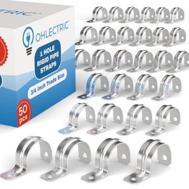 Imagem de OHLECTRIC Correia de tubo resistente (pacote com 50 – ¾ polegadas) Braçadeiras de conduíte zincadas, suporte em U de correia de tubo rígido de aço com 1 furo, clipe de tubo de tensão revestido de
