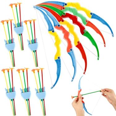Imagem de Restroma 6 conjuntos de mini arco e flecha de plástico com flecha de armazenamento de flechas coloridas para jogos de tiro com arco para crianças em ambientes internos e externos, cores aleatórias