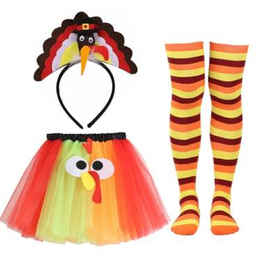 Imagem de NIUEFH Conjunto de fantasia de trote de peru de ação de graças, saia tutu de peru e meias de corrida para festa de Ação de Graças
