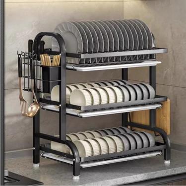 Imagem de AKALNNB Estante de secagem para balcão de cozinha, organizador de escorredor de louças, grande escorredor de louça, escorredor de pratos com economia de espaço com dreno (Noir 53 x 22,7 x 61,5 cm