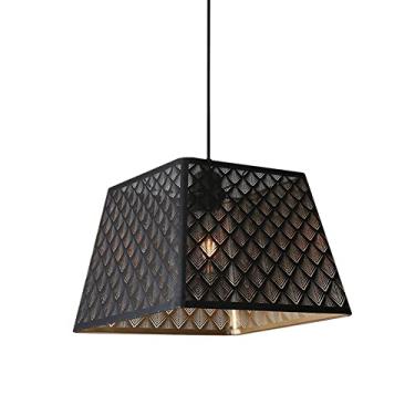 Imagem de KSSTEVNBD Luminária pendente quadrada preta metálica oca, lustre de mesa de jantar nórdico moderno de ferro forjado de cabeça única para pendurar no teto para café, temático, restaurante, luminária