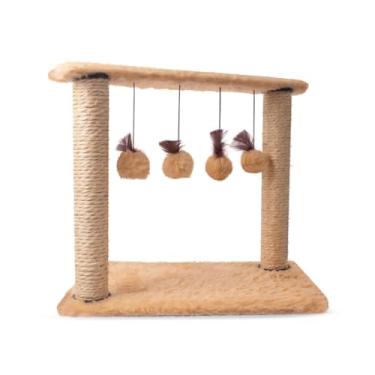 Imagem de Arranhador Gato com Brinquedo Interativo Pet - 4 Pompons, 2 Postes de Sisal e Base Aconchegante (Bege)