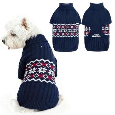 Imagem de PUPTECK Suéter para cães, suéter quente de gola rolê com orifício para trela, pulôver, padrão de floco de neve, roupas de inverno para animais de estimação, suéter de Natal para cães pequenos e médios