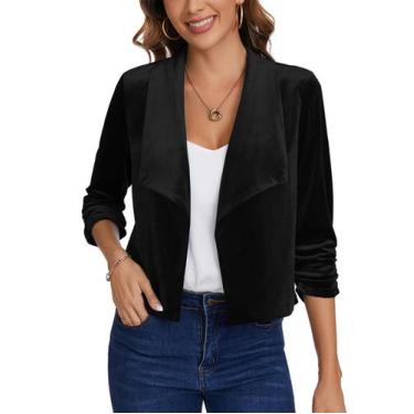 Imagem de Blazer feminino MINTLIMIT, casual, de veludo, manga 3/4, preto