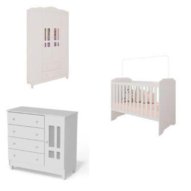 Imagem de Conjunto de Quarto Infantil Guarda-Roupa de Bebê 4 Portas, Cômoda Infantil e Berço Mel Branco