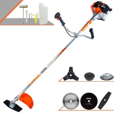 Imagem de Roçadeira Profissional Vulcan VR430S À Gasolina 43cc 1,7HP 10000rpm C/ Carretel Nylon e Faca 2 Pontas + Kit de 3 Facas Extras + Escova de Aço Rotativa