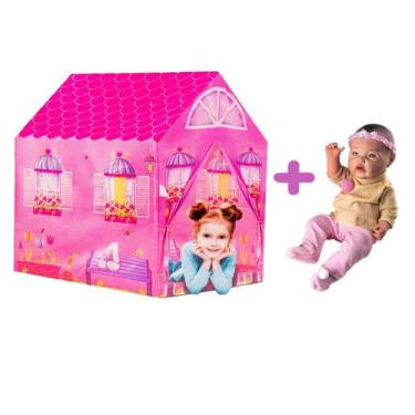 Imagem de Brincando De casinha Com Barraca Rosa + Boneca Reborn - DM Toys e Milk