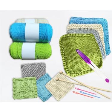 Imagem de Kit de tricô para iniciantes para adultos – Crie 4 panos de prato e 4 porta-copos, kit de tricô multifuncional para iniciantes com fio de algodão, agulhas de bambu e 8 padrões, presente feito à mão