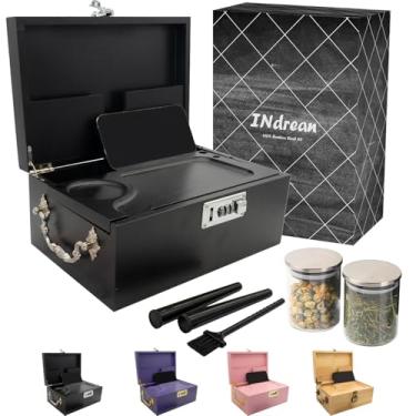 Imagem de Caixa grande de bambu preta com trava de combinação, caixa de armazenamento decorativa com compartimento removível, caixa de madeira com frascos, adesivos e pincéis como ótima opção de presente