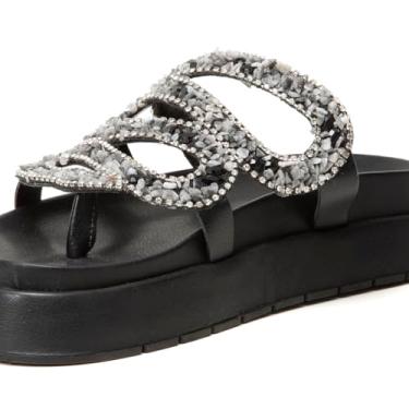 Imagem de Papete Flatform Feminina com Pedras Naturais, Preta, Dourada e Verde, Couro Sintético, Plataforma 3.5cm, Tiras Decoradas, Casual e Elegante (Preto, BR, Adulto, Numérico, 39)