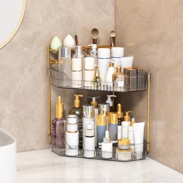 Imagem de ZZWILLB Organizador de canto para banheiro com suporte de pincel de maquiagem e porta-escovas de dentes, organizador de maquiagem para bancada, prateleira de armazenamento de acrílico para cuidados
