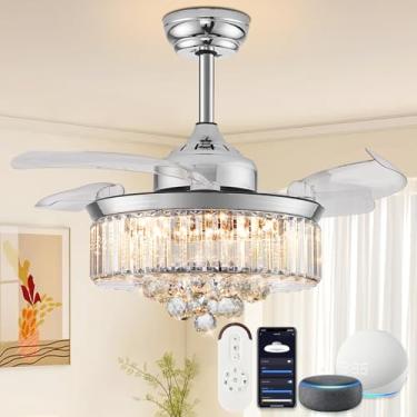 Imagem de DuMaiWay Ventilador de lustre de cristal - Ventilador de teto inteligente de 91.4 cm com luz e controle remoto Alexa WiFi Lustre retrátil regulável para quarto sala de estar moderno prata