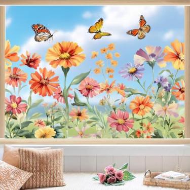 Imagem de Decalques de janela de flores de jardim grandes 60 cm x 30 cm adesivos de vidro borboleta floral aquarela adesivos de película película de silhueta sala de estar quarto casa decoração de vidro