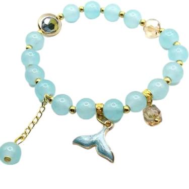 Imagem de Pulseira de cristal com pingente de cauda de sereia para mulheres, pulseira elástica ajustável com contas com pingentes de cristal cintilante, joia de praia temática de oceano presente para ela, One