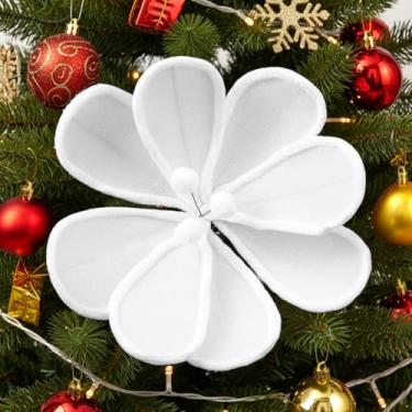 Imagem de Hillban 10 peças de flores de Natal de veludo, poinsétia artificial, 25,4 cm, decoração de Natal, enfeite de flor de magnólia artificial com haste para árvore de Natal, festa de casamento (branca)