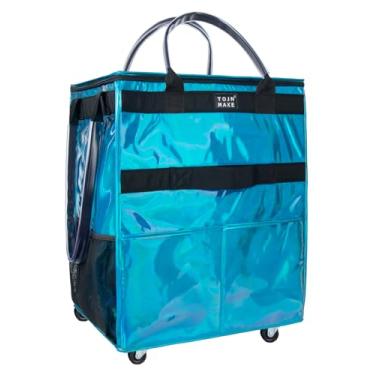 Imagem de Bolsa de compras reutilizável com rodas, carrinho de compras com 8 bolsos e capa de zíper bolsa dobrável com rodinhas para mulheres, cozinha, viagens, carrega até 30 kg (grande, azul brilhante)