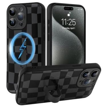 Imagem de SOKAD Capa quadriculada magnética para iPhone 15 Pro com suporte de alça de dedo, compatível com Magsafe, lindo tabuleiro de xadrez projetado para mulheres e homens, capa de proteção completa para