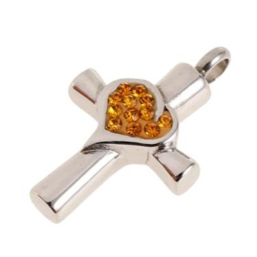 Imagem de Luzhengyang Pingente de urna de cremação com cruz de coração e strass amarelo/branco para joias de lembrança de cinzas - amarelo