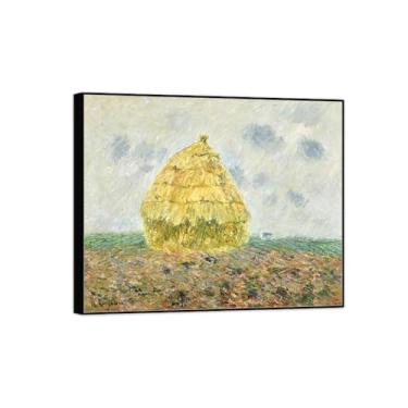 Imagem de BMZFYBS Imagem de arte de parede de paisagem - impressões em tela vintage - pintura de moldura preta redonda de feno para sala de estar decoração de casa de fazenda 60 x 75 cm 24 x 29 pol