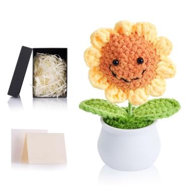 Imagem de ZHIYUXI Flores de crochê, girassóis de crochê artificial, presentes para mulheres, girassóis feitos à mão, flor de malha para painel de carro, decoração de escritório em casa