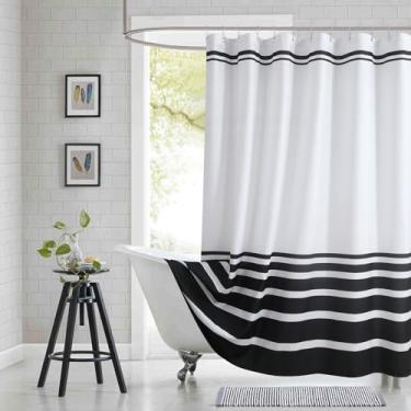 Imagem de BESTRIPES Cortina de chuveiro extralonga de 182 x 230 cm, tecido impermeável listrado ombré branco e preto, design moderno de spa de hotel com 12 ilhós à prova de ferrugem e bainha ponderada
