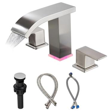 Imagem de Torneiras de banheiro 3 furos torneira de níquel escovado com cascata led torneira de banheiro torneira de banheiro 3 furos banheiro 8 polegadas (ouro escovado) (níquel escovado)