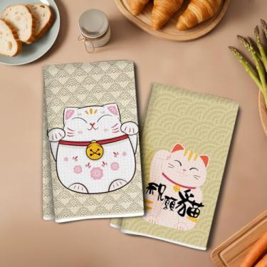 Imagem de 2 peças de toalhas de cozinha estilo japonês para gatos 35 x 61 cm, toalha de prato decorativa de microfibra absorvente, toalhas de mão de waffle para cozinha, casa, banheiro, presentes para amantes