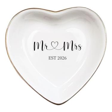 Imagem de Vancsenia Prato de anel de cerâmica para aniversário de casamento - Bandeja de joias Mr & Mrs EST 2026, presente de lembrança elegante para casais, bandeja de manobrista de cerâmica para armazenamento