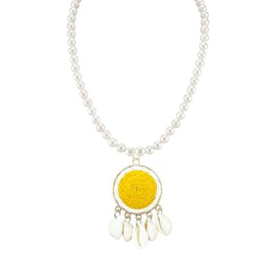 Imagem de Just Follow Colar Beachy Chic, gargantilha de pérola de tecido de grama redonda com detalhes em concha para um visual boêmio de verão, Large, Metal, Sem Pedra Preciosa