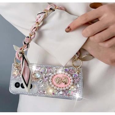 Imagem de Compatível com Samsung Galaxy Z Fold 6 5G Glitter Bling Case, Cute Luxury 3D Crystal Queen Rhinestone Full Diamond com lenço de seda pulseira corrente feminina meninas capa para Galaxy Z Fold 6