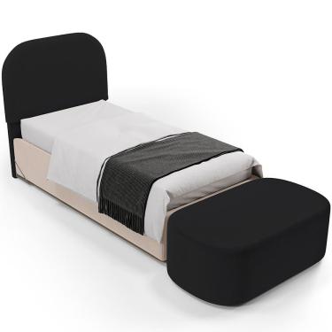 Imagem de Cabeceira Cama Box 100cm Lanna Com Puff Recamier Doha W01 Bouclê Preto - Lyam Decor