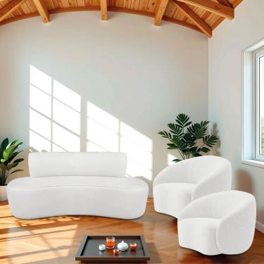 Imagem de Kit Recamier Curvo Amsterdã 3 Lugares 140cm Branco Veludo Bouclé com 2 Poltronas Amore Luxo