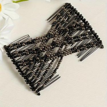 Imagem de Pente de cabelo feminino elástico mágico para decoração de beleza pente pérola elástico com contas laço de cabelo pentes duplos para mulheres acessórios de cabelo - F