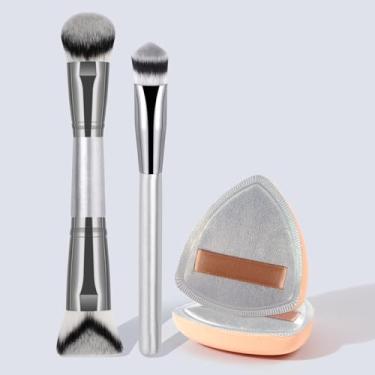 Imagem de Conjunto de 4 pincéis de maquiagem e puff, inclui base, mistura de sobrancelhas, corretivo, blush e pincéis de contorno (prata)