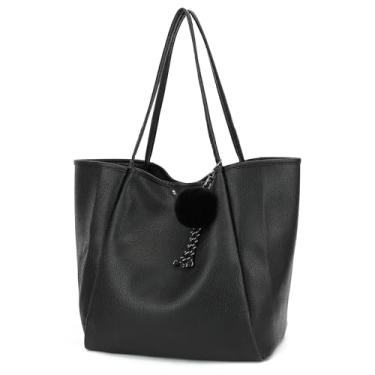 Imagem de TANTOMI Bolsa feminina de couro vegano, bolsa de ombro grande à prova d'água para viagens, Preto