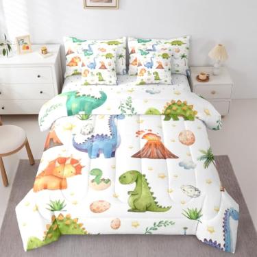 Imagem de Feelyou Jogo de edredom fofo de dinossauro com 7 peças, solteiro, desenho animado, dinossauro, para crianças, meninos, meninas, selva, dinossauro, decoração de quarto, microfibra leve e macia