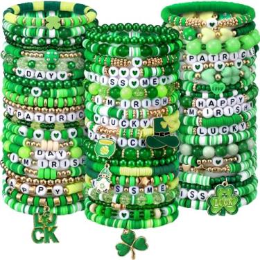 Imagem de Landical 64 pulseiras de Dia de São Patrício em massa com contas para lembrancinhas irlandesas de trevo de folha da sorte pacote de joias de amizade esticáveis verdes empilháveis para presentes