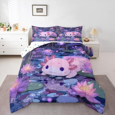 Imagem de Jogo de cama solteiro com estampa de tritão do oceano azul, estampa kawaii, roxo, flores de jardim, para crianças, meninas, meninos, animais anfíbios, salamandra, salamandra