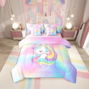 Imagem de Erosebridal Jogo de cama solteiro de unicórnio com desenho de unicórnio e arco-íris, tamanho solteiro, gradiente, roxo, azul, rosa, para crianças, conjunto de cama de princesa sonhadora