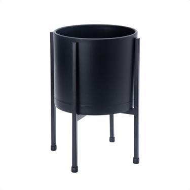 Imagem de D'vine Dev Vaso de vaso preto de 20 cm com suporte – Vaso de flores de cilindro de plástico moderno com suporte de metal resistente para plantas de interior, 55-D-B-1