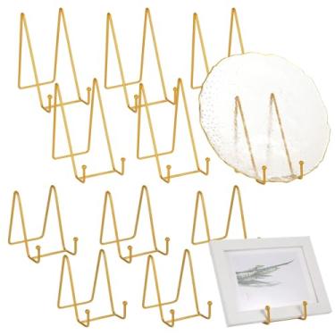 Imagem de 12 quadros de cavalete para fotos e livros, suportes triangulares de ferro para exibição de mesa com extremidades esféricas e formatos variados pequenos e grandes