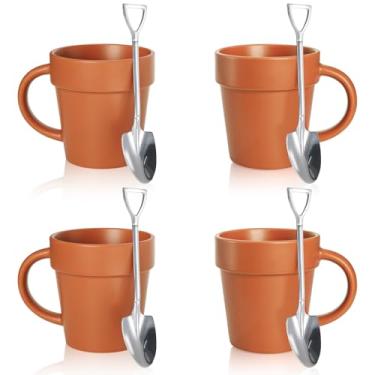 Imagem de Covzoe Pacote com 4 canecas de jardinagem, caneca de vaso de plantas de 368 g com 4 colheres de pá, caneca de café de cerâmica novidade presente para jardineiros, amantes de plantas, homens, mulheres