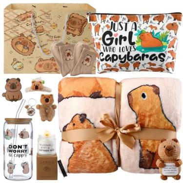 Imagem de Conelist 11 peças, presentes de capivara para mulheres, coisas de capivara com cobertor, copo de vidro, bolsa de maquiagem, faixas de cabelo, meias de vela, chaveiro, cartões e bolsas de presente